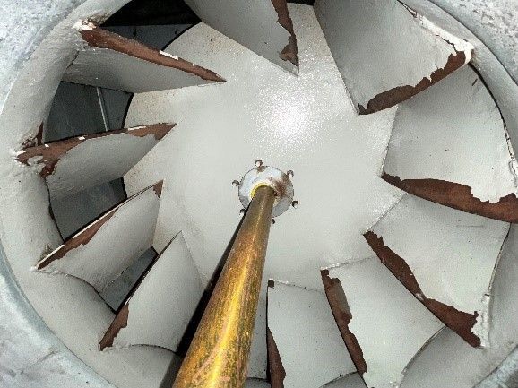 Fan blades inside a metal housing, with a central gold-colored rod. Blades have chipped white paint.
