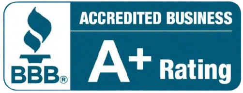 BBB Accredited Business with A+ rating in blue and white.