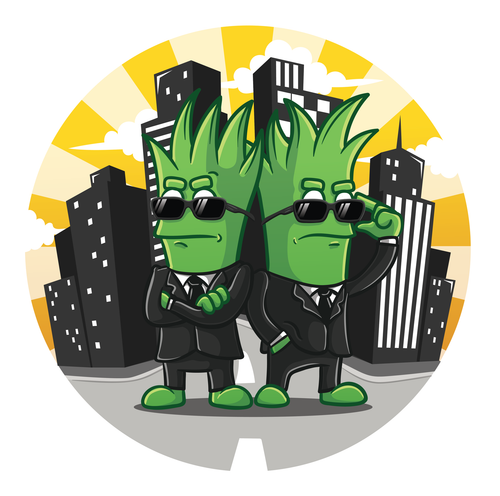 lawn buddies mascots in black suits