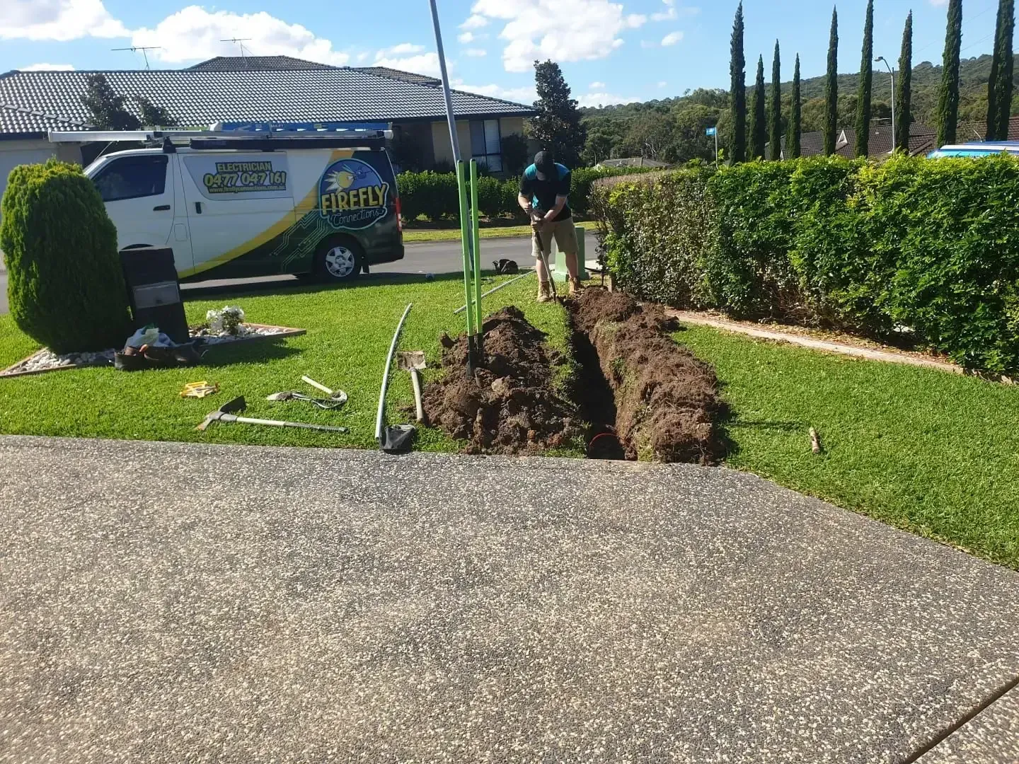 A Lawn has Been Dug Up for Electrical Work — Firefly Connections In Mayfield West, NSW