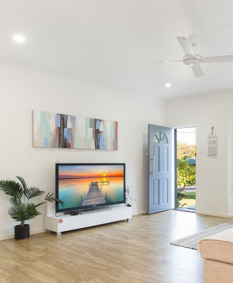 Living room with TV displaying sunset, art, blue door, and a plant — Firefly Connections In Teralba, NSW