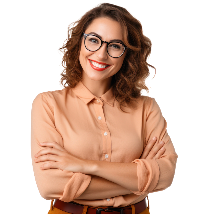 A woman wearing glasses is smiling with her arms crossed