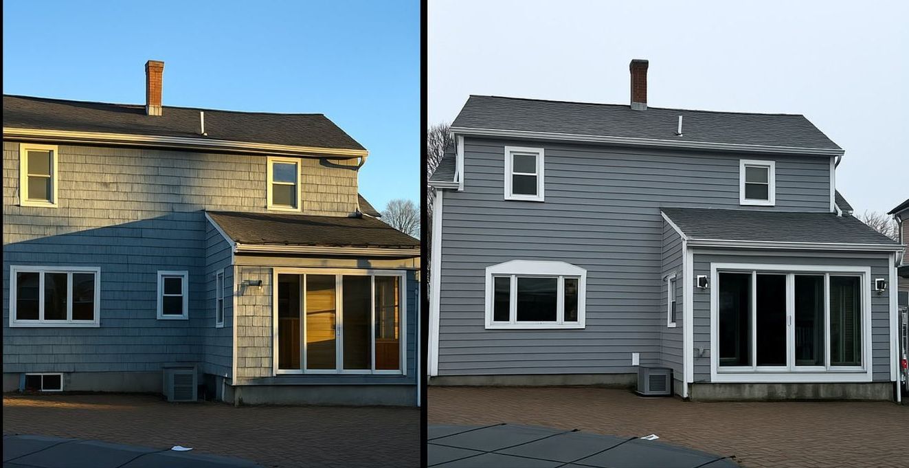 A before and after picture of a house with a lot of windows