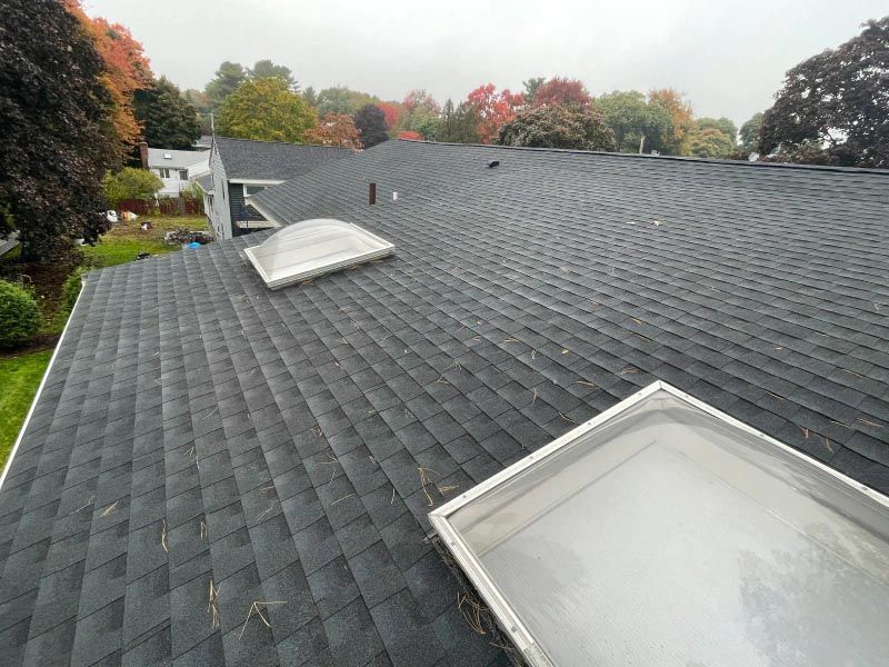 There are two skylights on the roof of a house.