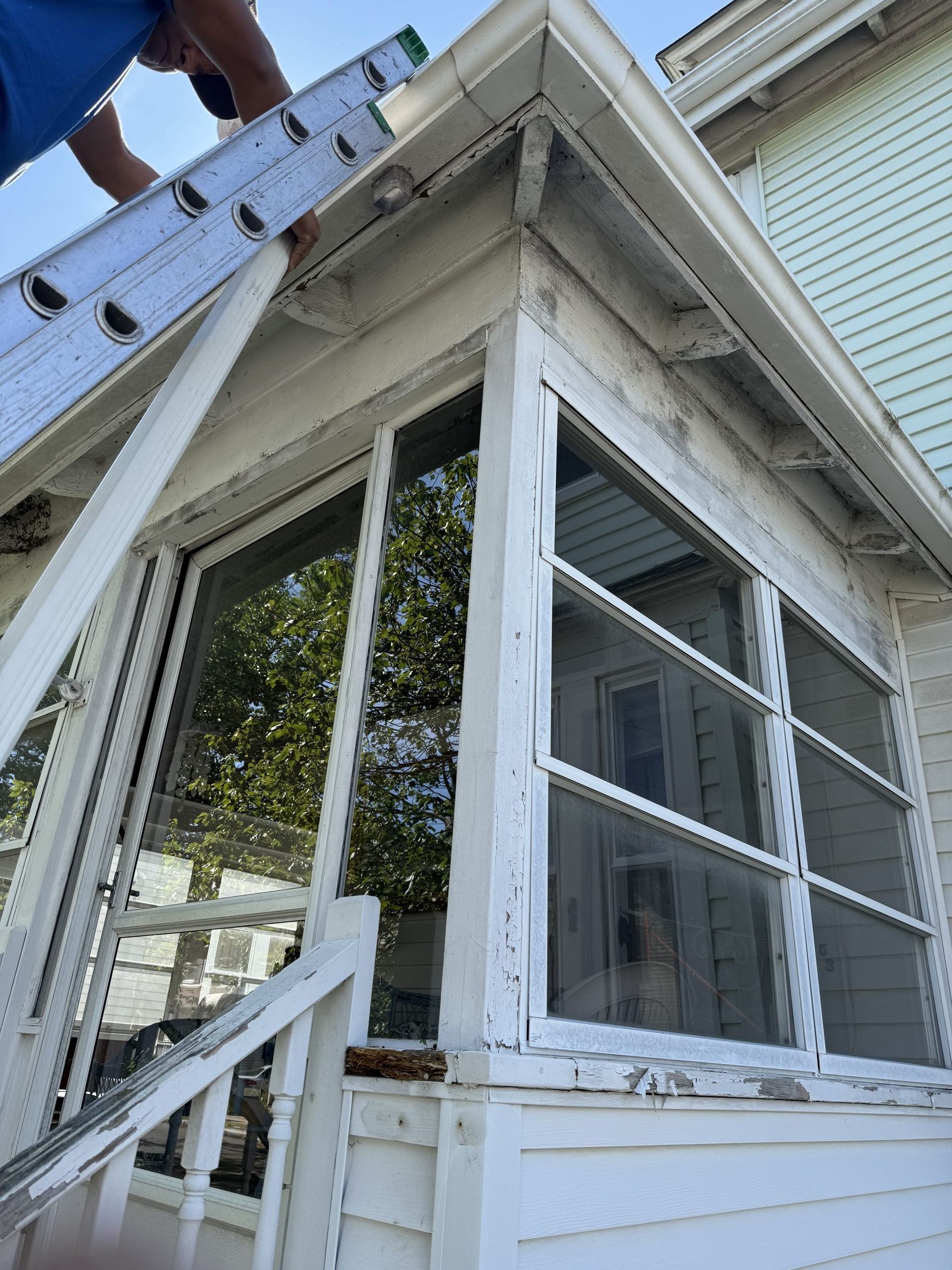 A man is standing on a ladder on the side of a house.
