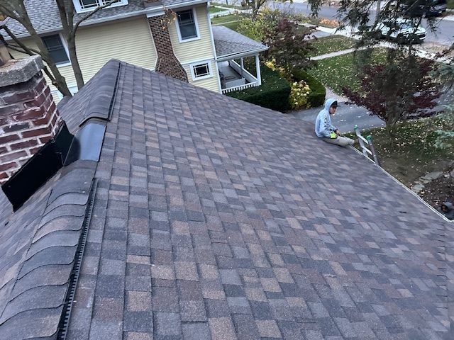A person sits on a steep, shingled roof next to a brick chimney, with a ladder visible leading to the ground below. A person sits on a steep, shingled roof next to a brick chimney, with a ladder visible leading to the ground below.