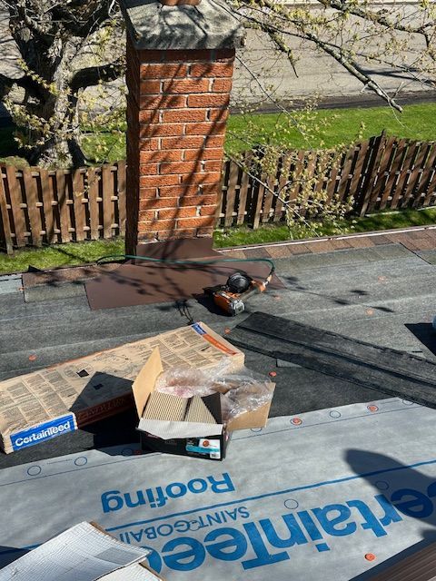 Roof with cardboard boxes and a small cat near a brick wall and fence in a sunny yard