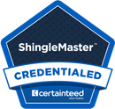 A pentagonal blue and dark gray CertainTeed ShingleMaster Credentialed logo.