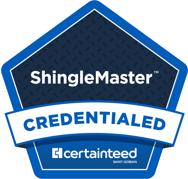 A pentagonal blue and dark gray CertainTeed ShingleMaster Credentialed logo. A pentagonal blue and dark gray CertainTeed ShingleMaster Credentialed logo.