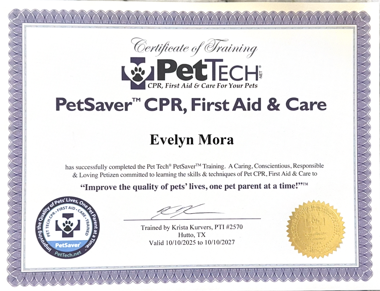 Evelyn Mora PetSaver CPR and First Aid Certificate Image