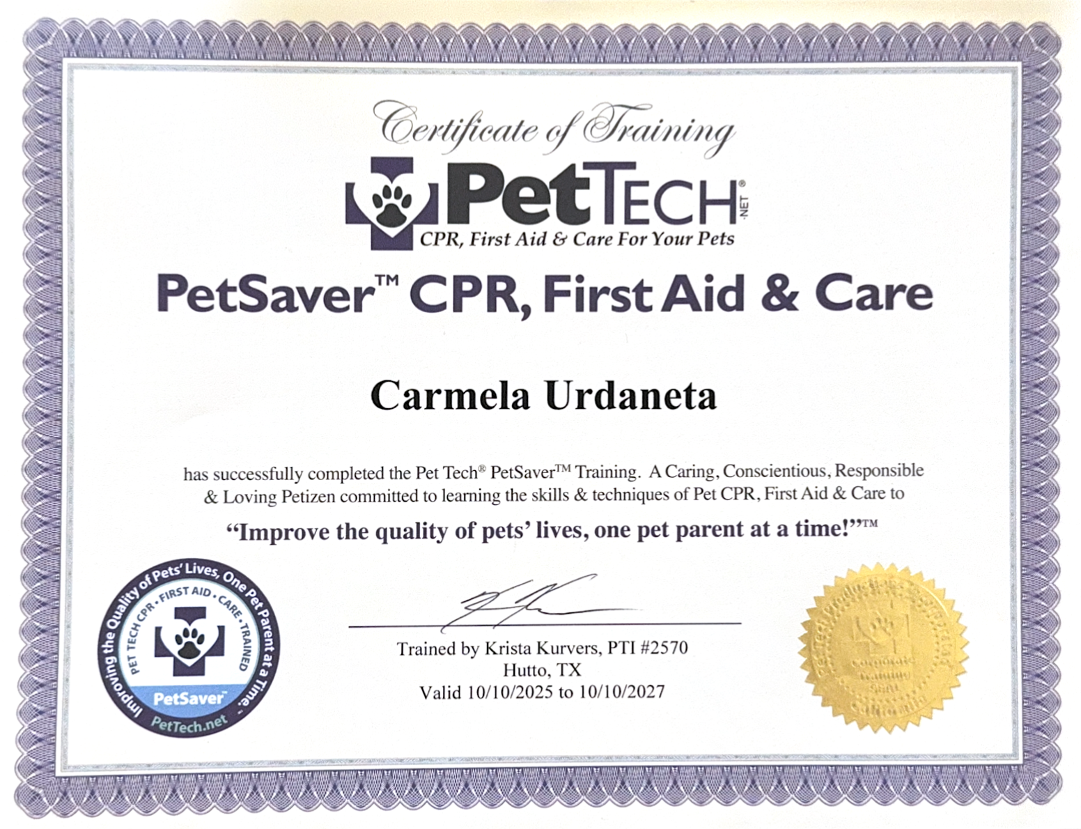 Carmela Urdaneta PetSaver CPR and First Aid Certificate Image