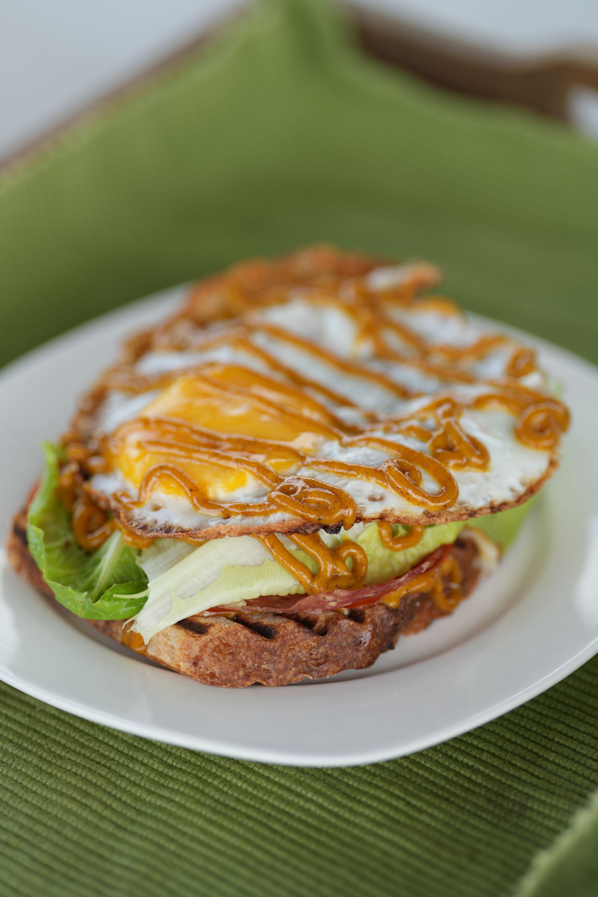Sandwich with fried egg, lettuce, and sauce on a white plate, green background.