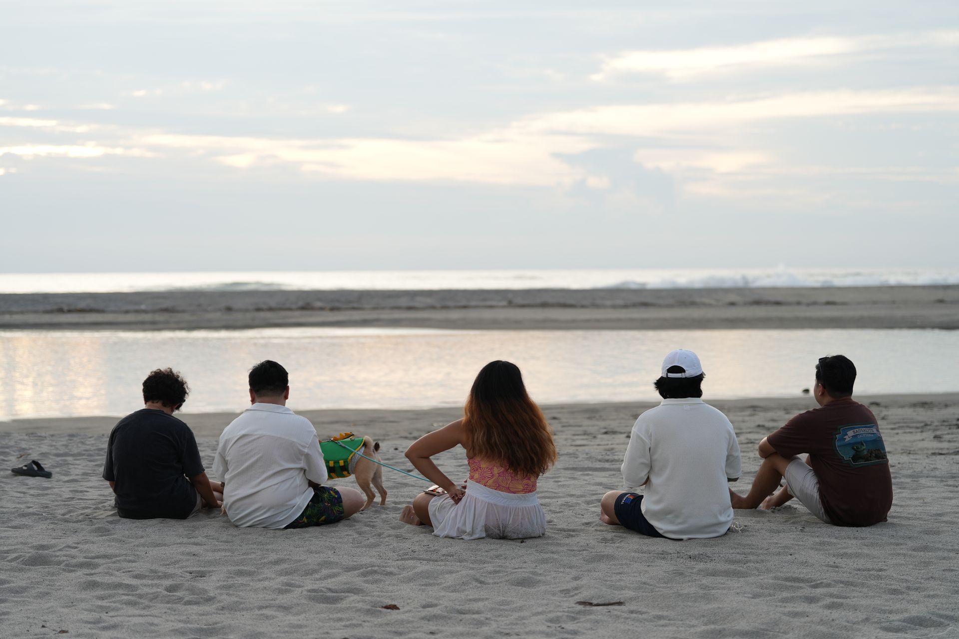 Five people and a small dog sit on a beach, facing the water at dusk.