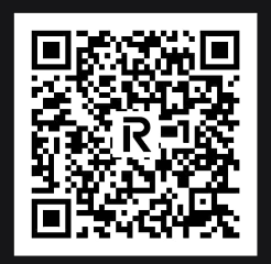A black and white QR code featuring a stylized letter