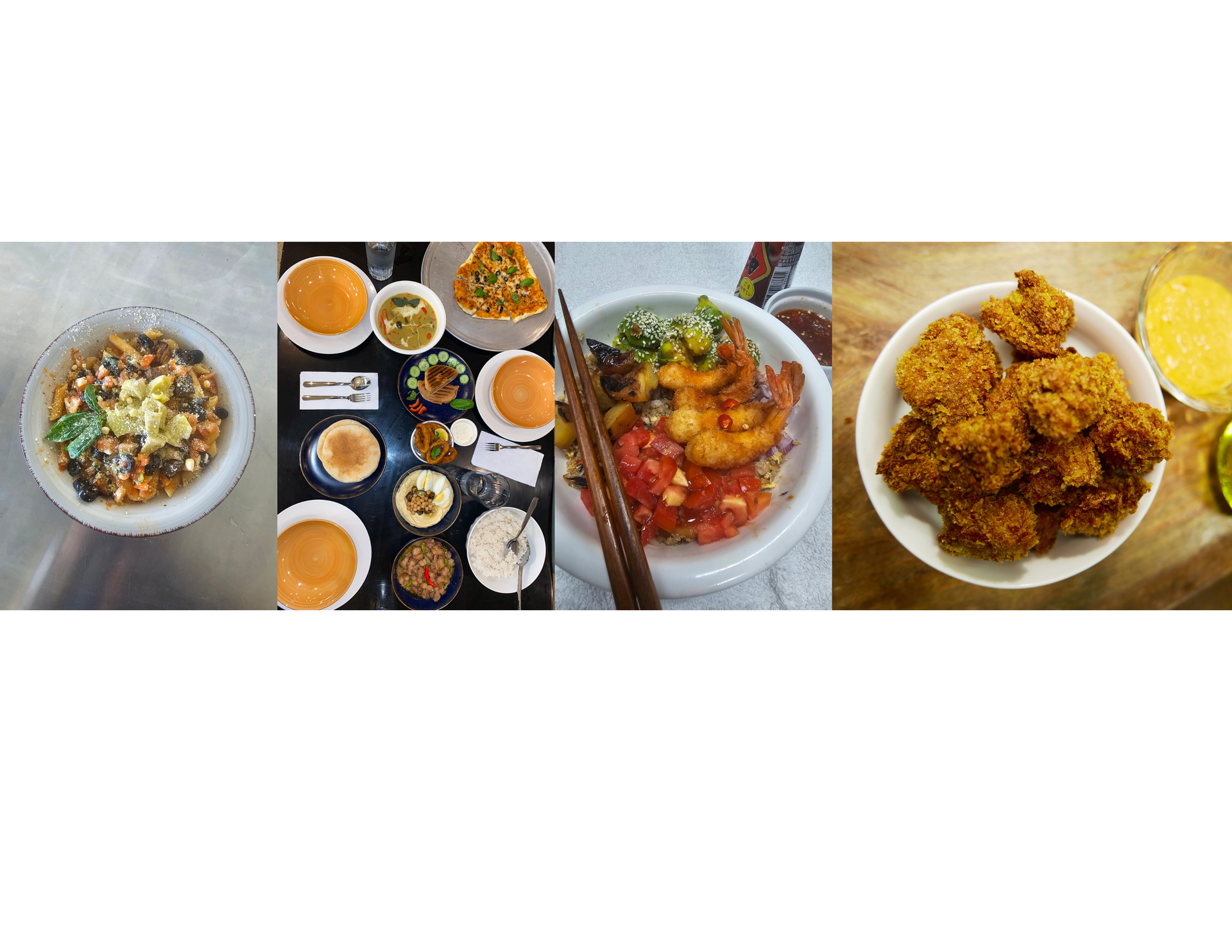 Several dishes: soup, burgers, a colorful Asian-inspired dish, and fried chicken with dipping sauce.