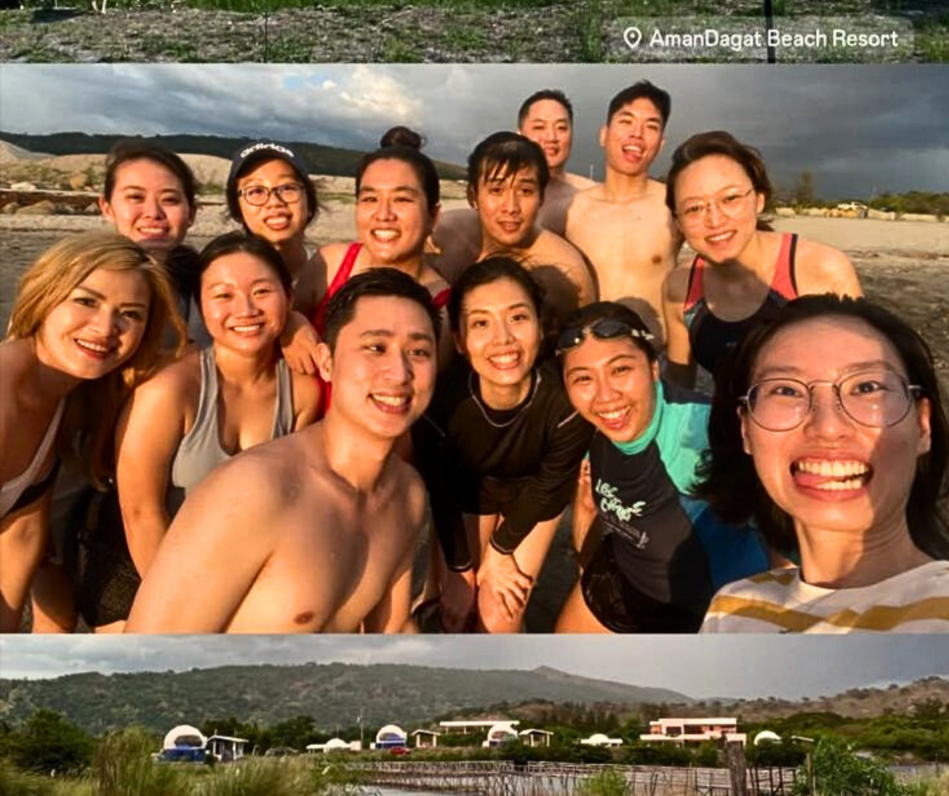 Fun at AmanDagat. A group of friends smiling and posing for a selfie on a beach at AmanDagat Beach Resort with hills in the background.