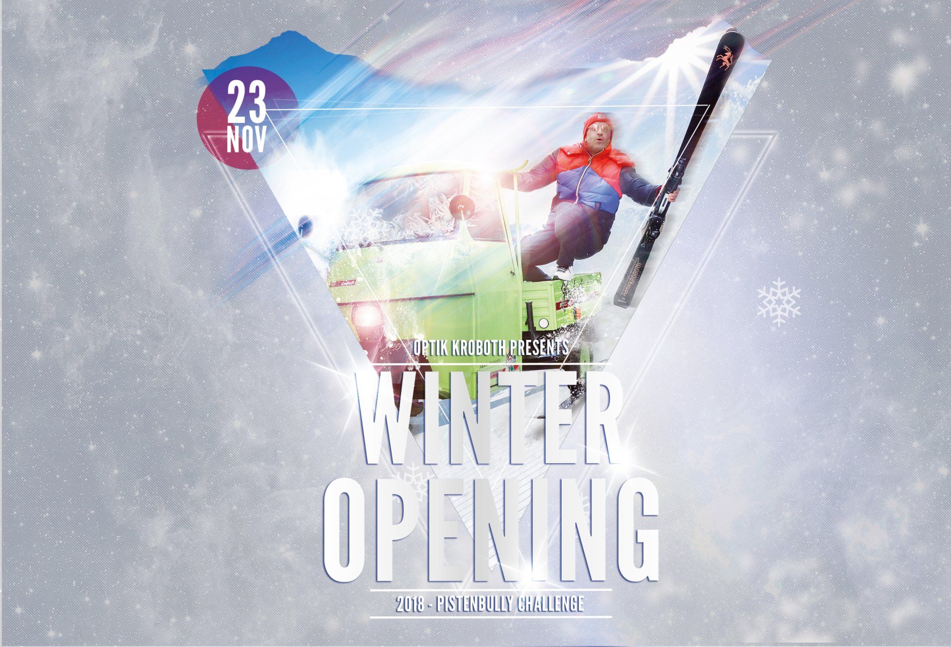 Ein Plakat für eine Wintereröffnung mit einer Person auf Skiern