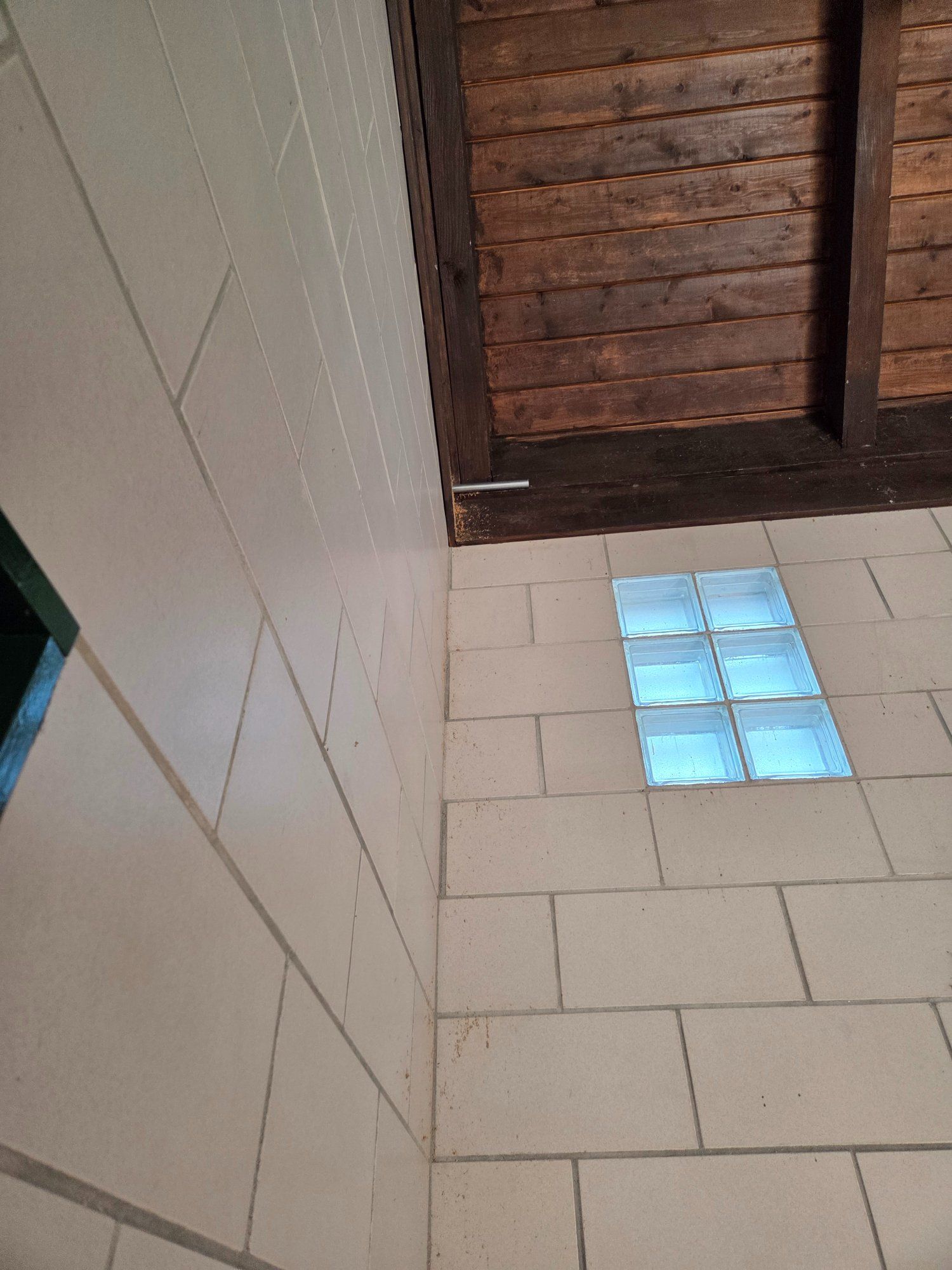 Bathroom corner with white tiled walls, a wooden ceiling, and glass block window.