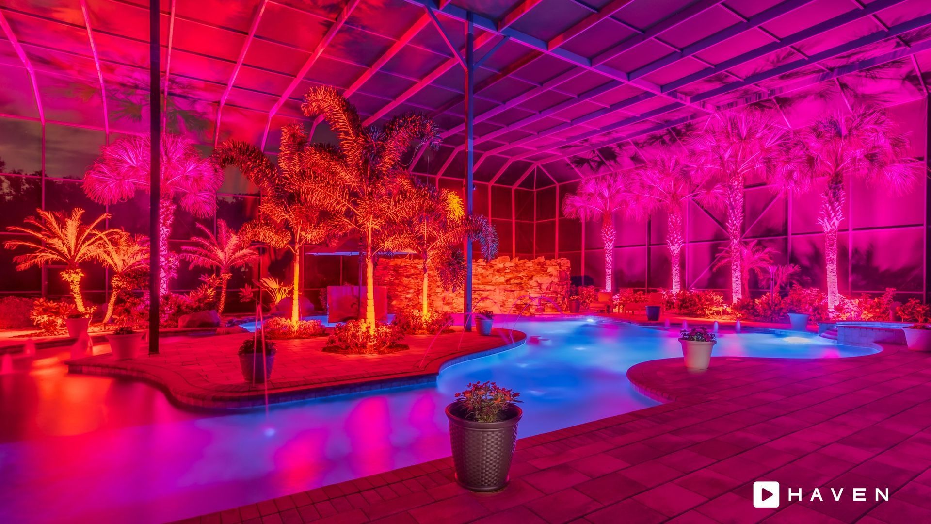 A swimming pool is lit up with pink and blue lights at night.