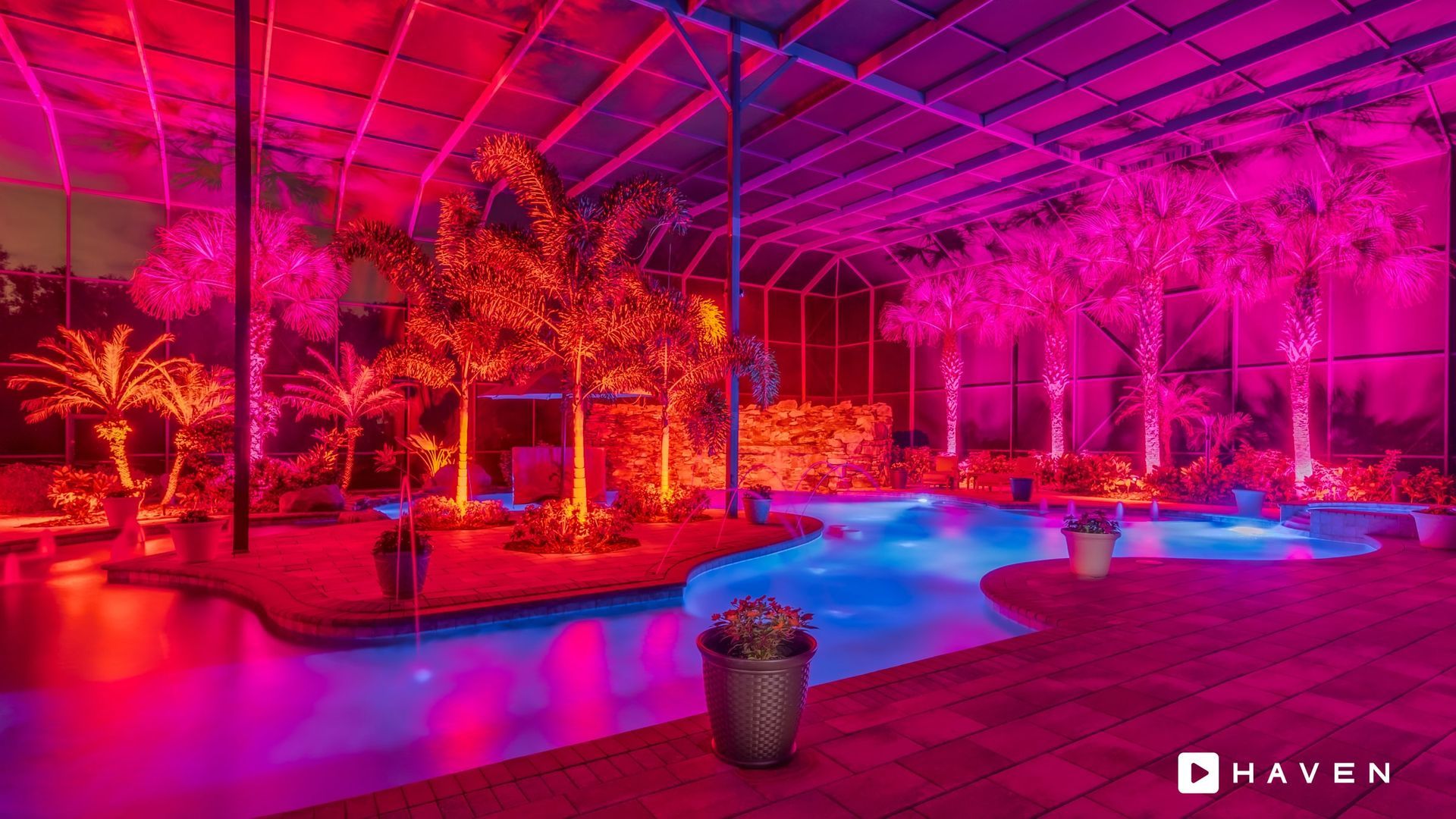 A swimming pool is lit up with pink and blue lights at night.