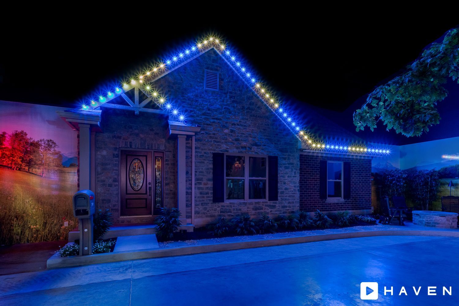 A house with christmas lights on the roof and a pool in front of it.