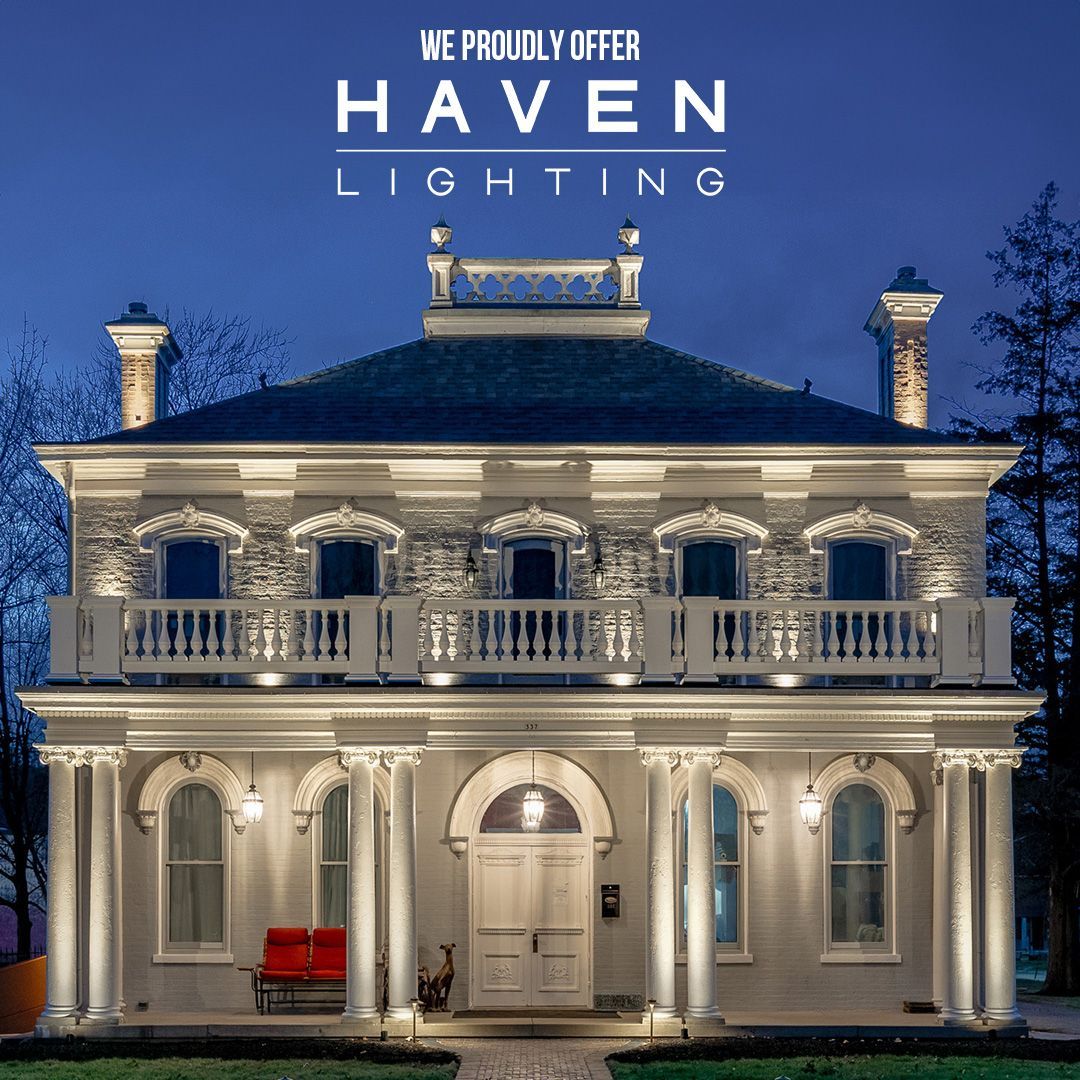 An advertisement for haven lighting shows a large white house