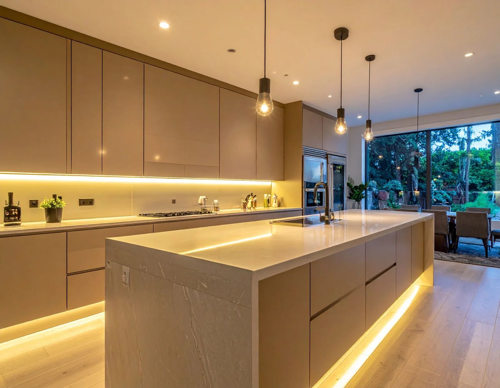 Modern minimalist kitchen with a large island, warm lighting, and open view to a patio and greenery