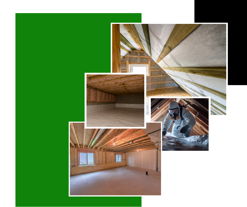 Green background with inset photos: attic, crawlspace, and person in protective suit working.