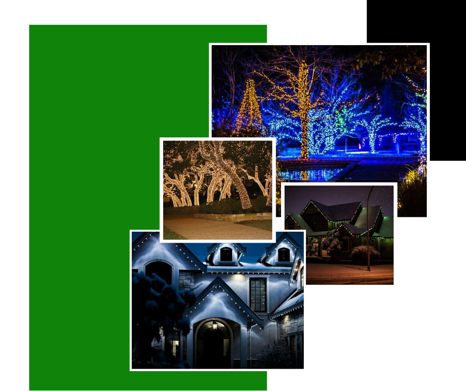 Holiday lights illuminate trees and houses at night; several scenes in squares overlay green background.