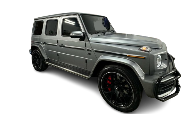 A silver mercedes benz g63 amg is shown on a white background.