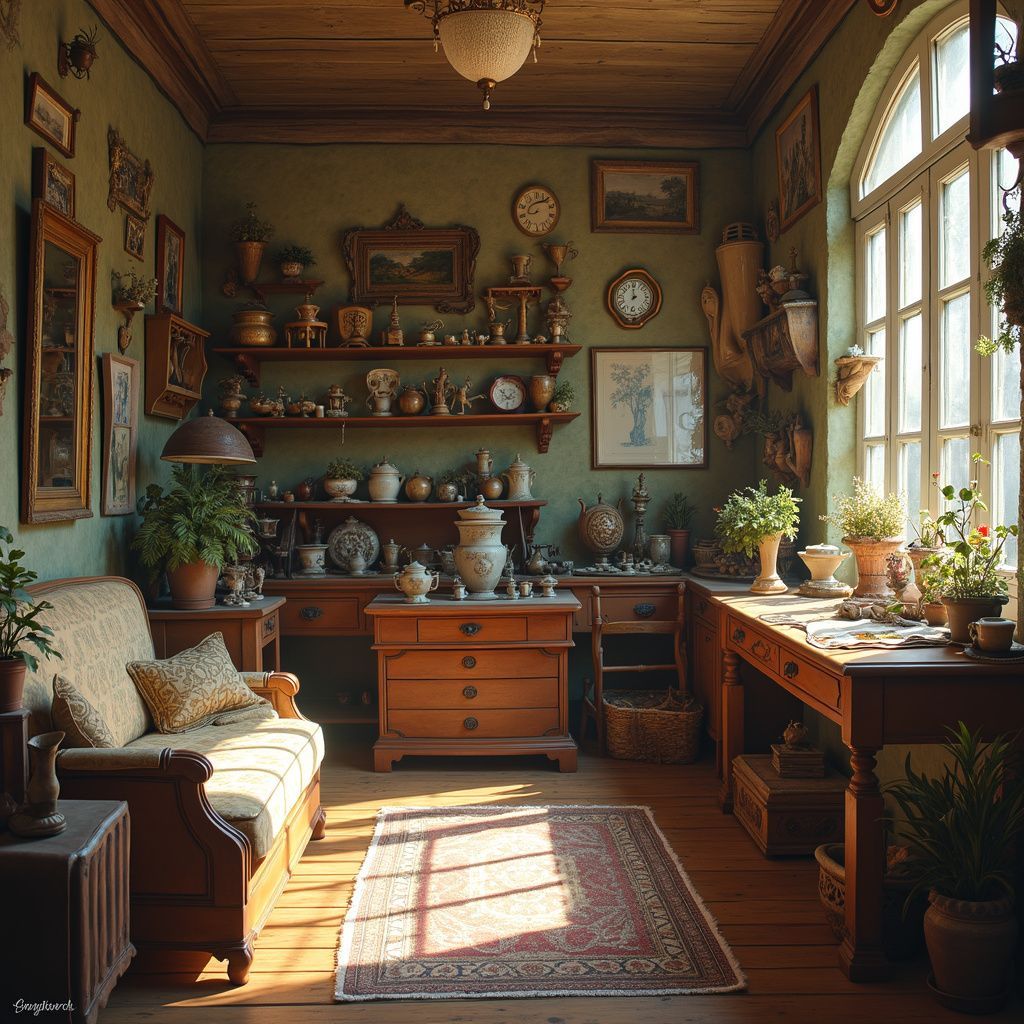 Cozy antique room: wooden furniture, many trinkets, plants, and sunlight through a large window.