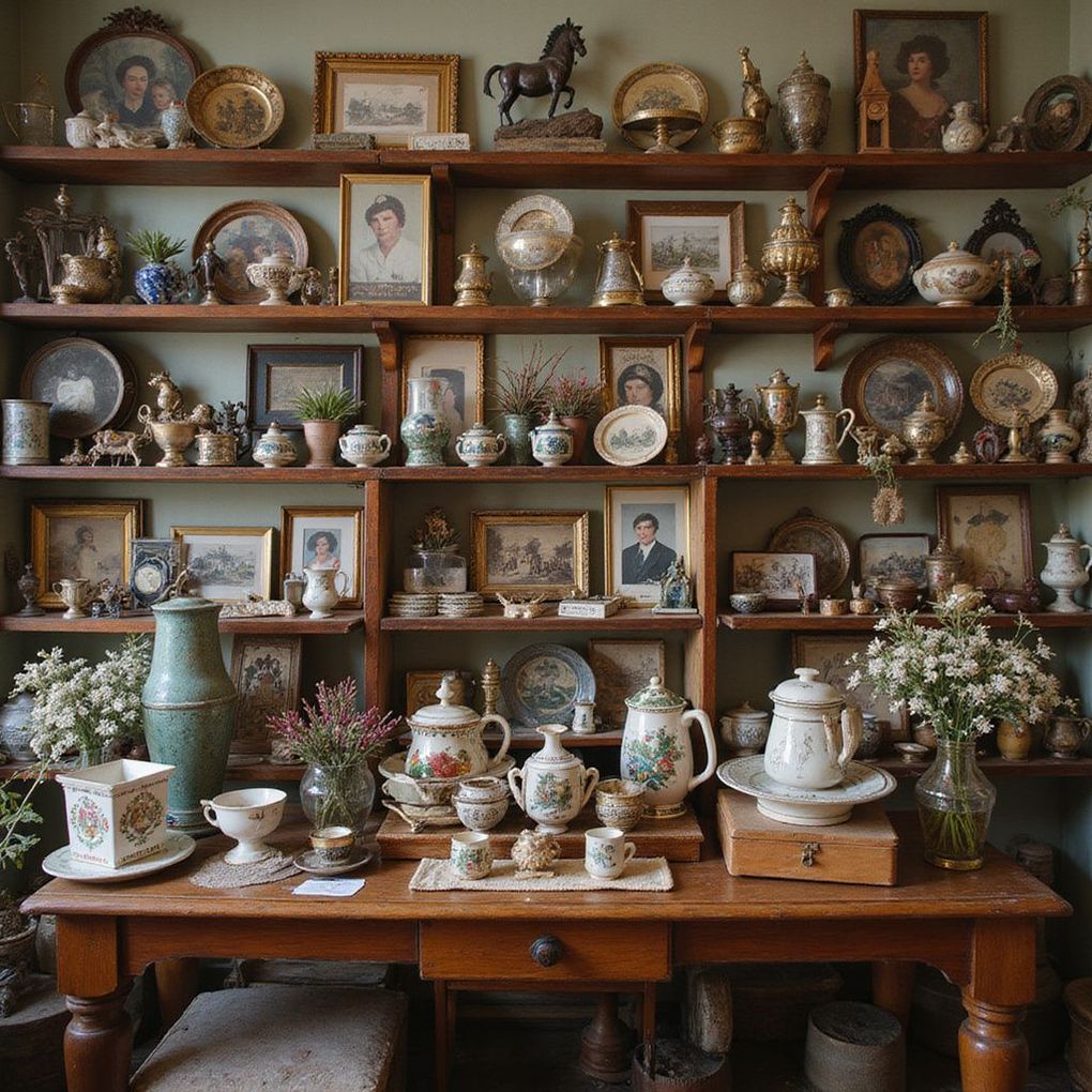 Shelves of antique china and photos in a room with a wooden table holding teacups and a teapot.