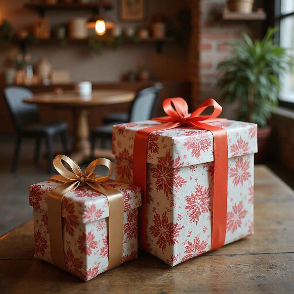 Two wrapped gifts with red snowflake paper and ribbon on a wooden table in a cafe.