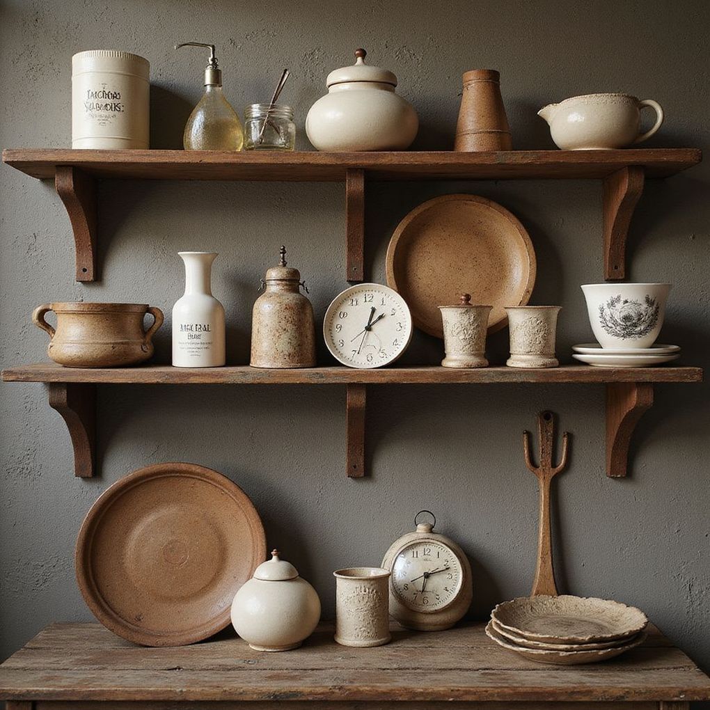 Shelves with rustic pottery, dishes, and a clock, arranged against a gray wall on a wooden table.