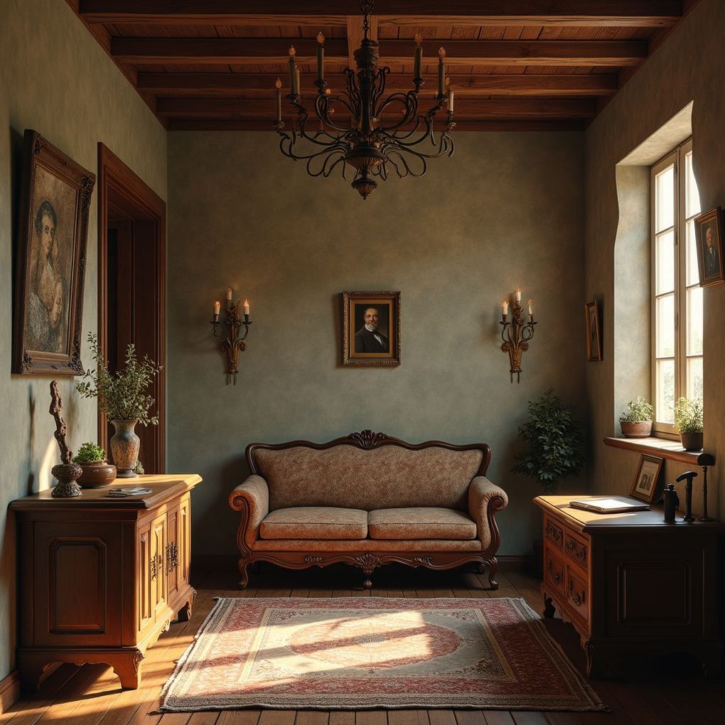 A cozy, antique room with a sofa, wooden furniture, a rug, and a chandelier.