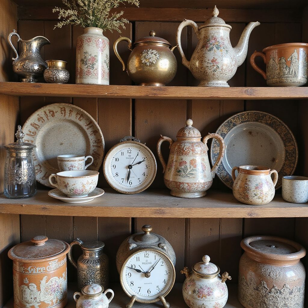 Wooden cabinet filled with assorted vintage china, ceramics, and clocks.