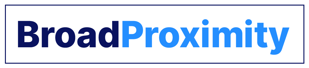 A blue and white logo for broad proximity