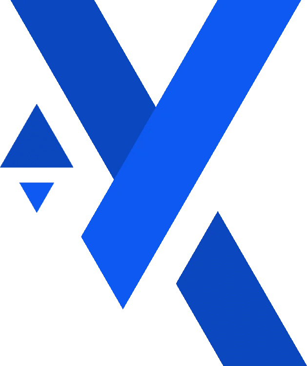 A blue x with a triangle in the middle on a white background.