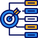 A blue and yellow icon of a target with an arrow in it.