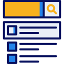 A blue and yellow icon of a search bar with a magnifying glass.