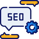 A speech bubble with the word seo and a gear.