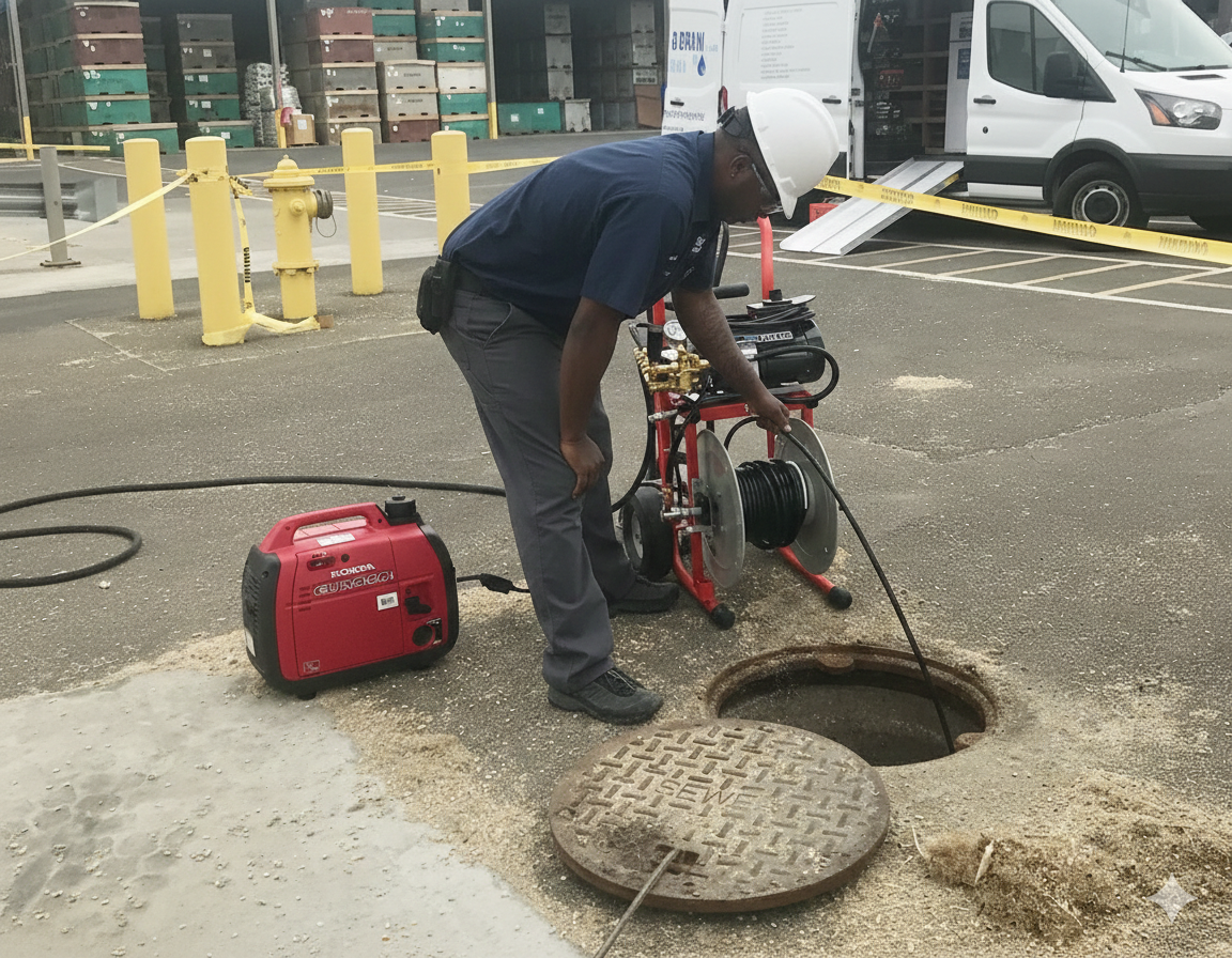 A man in a hard hat inspects a manhole with a camera, a generator nearby.