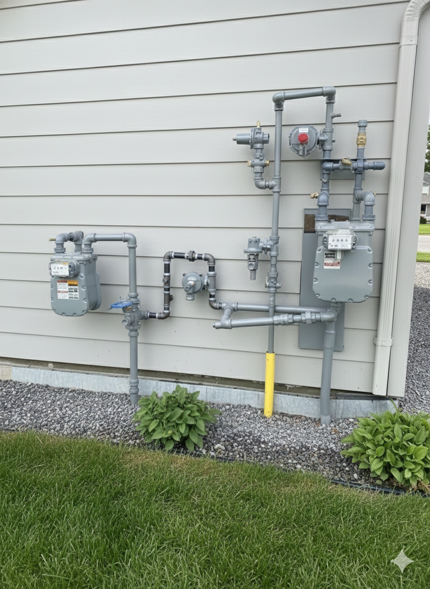 Gas meters and pipes attached to a light-colored building exterior, set against a grassy yard.