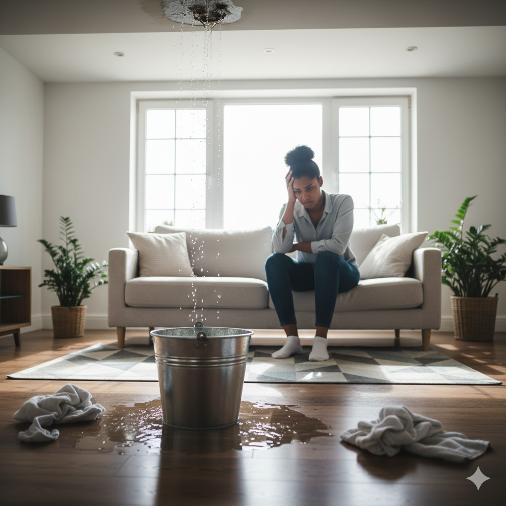 Woman sitting on a couch, looking distressed, with water leaking from the ceiling into a bucket in a living room.