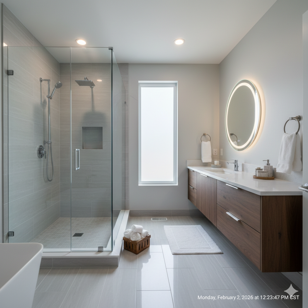 Modern bathroom with walk-in shower, floating wood vanity, large mirror with backlighting, and a window.
