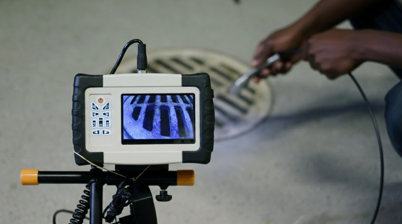 A screen displays a close-up of a sewer drain. A worker uses a camera to inspect the drain.