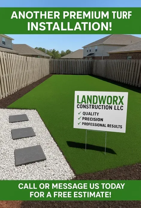 Completed turf installation with sign for Landworx Construction LLC; includes walkway and fence.