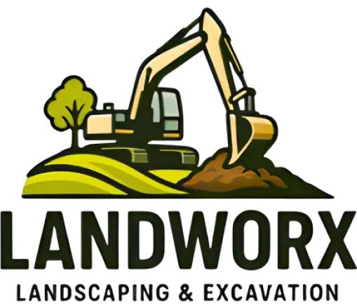 Logo: Excavator on a grassy hill, tree, text "LANDWORX LANDSCAPING & EXCAVATION" in dark green.