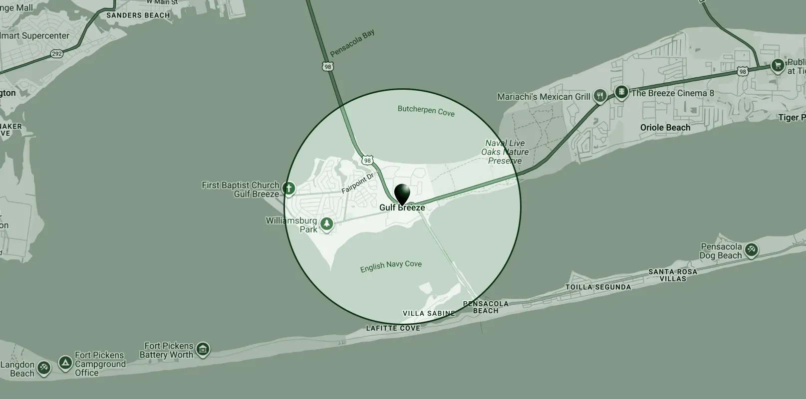 Map of a coastal area with a circular overlay highlighting a specific location.