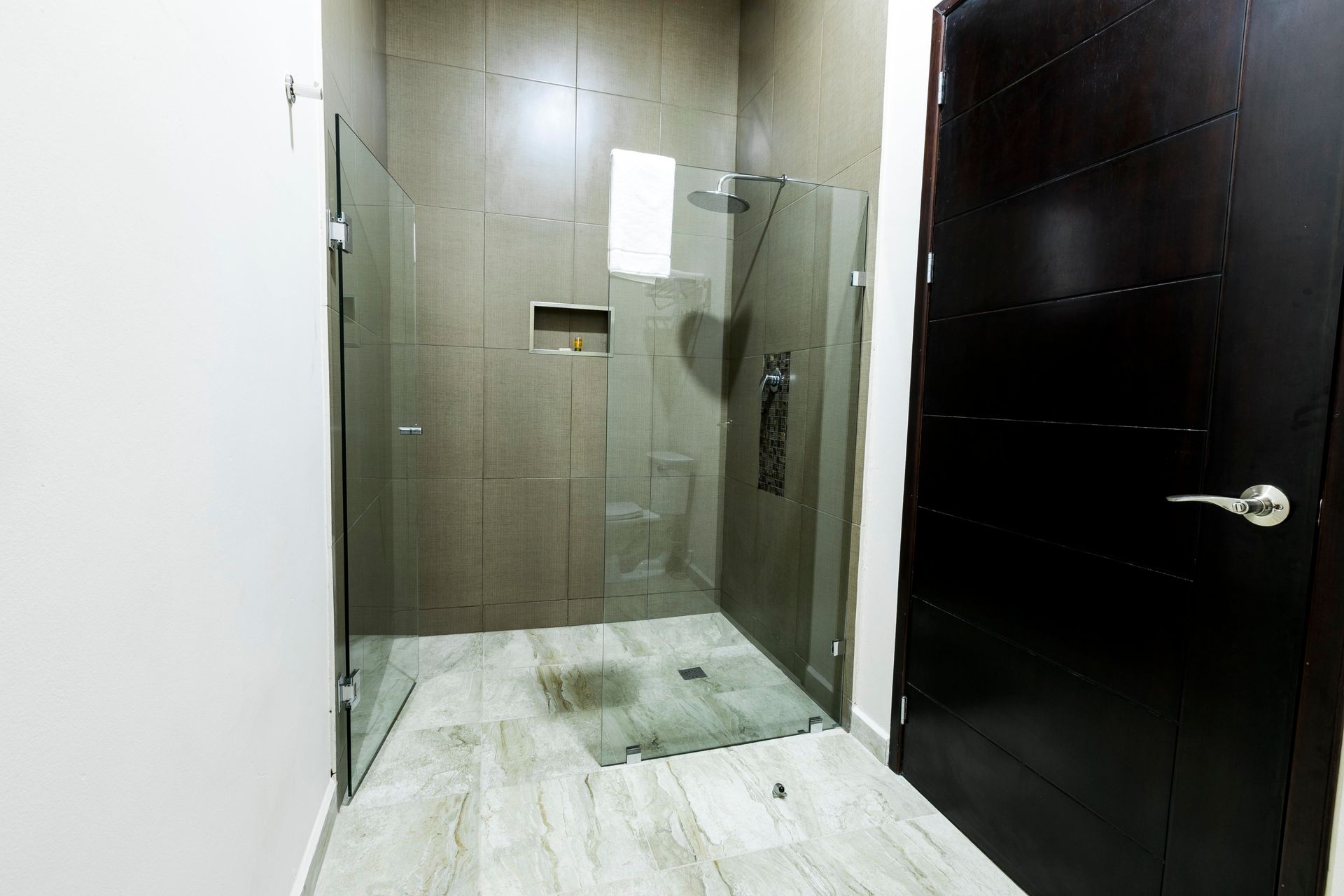A bathroom with a walk in shower and a door.